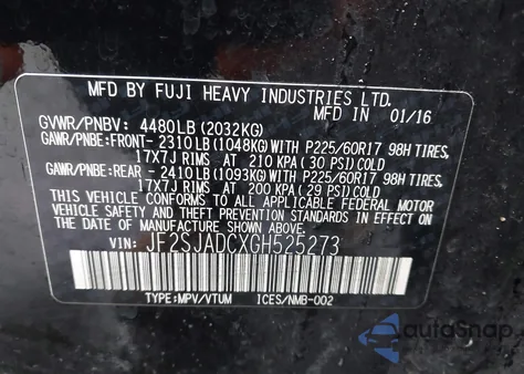 2016 Subaru Forester 2.5I Premium из США, поврежденный, VIN JF2SJADCXGH525273